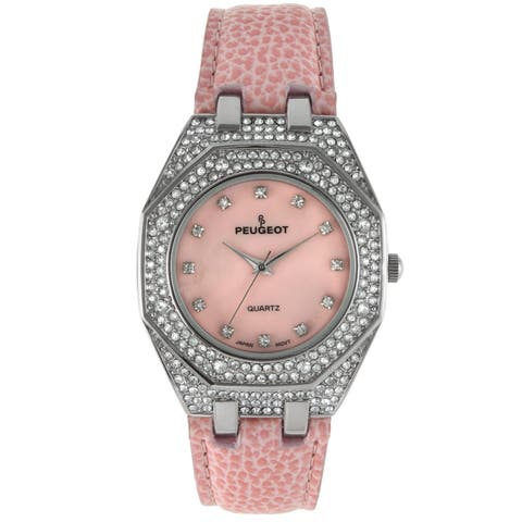 Hexagonal Crystal Bezel Leather Watch- 37MM