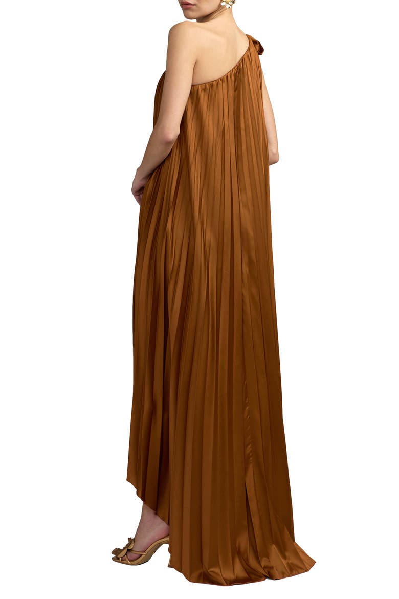 One-Shoulder Pleated High-Low Gown with Statement Bow, Alternate, color, Nutmeg