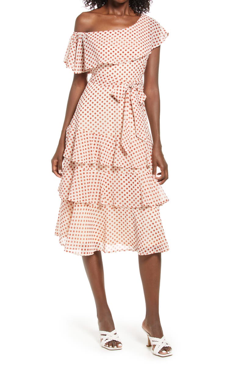 Lulus Polka Dot Tiered One-Shoulder Dress, Main, color,