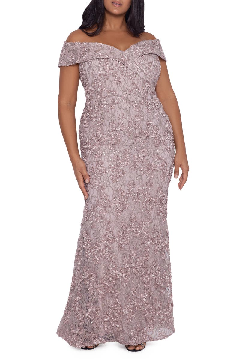 Xscape Evenings Off the Shoulder Embroidered Lace Gown, Main, color, 