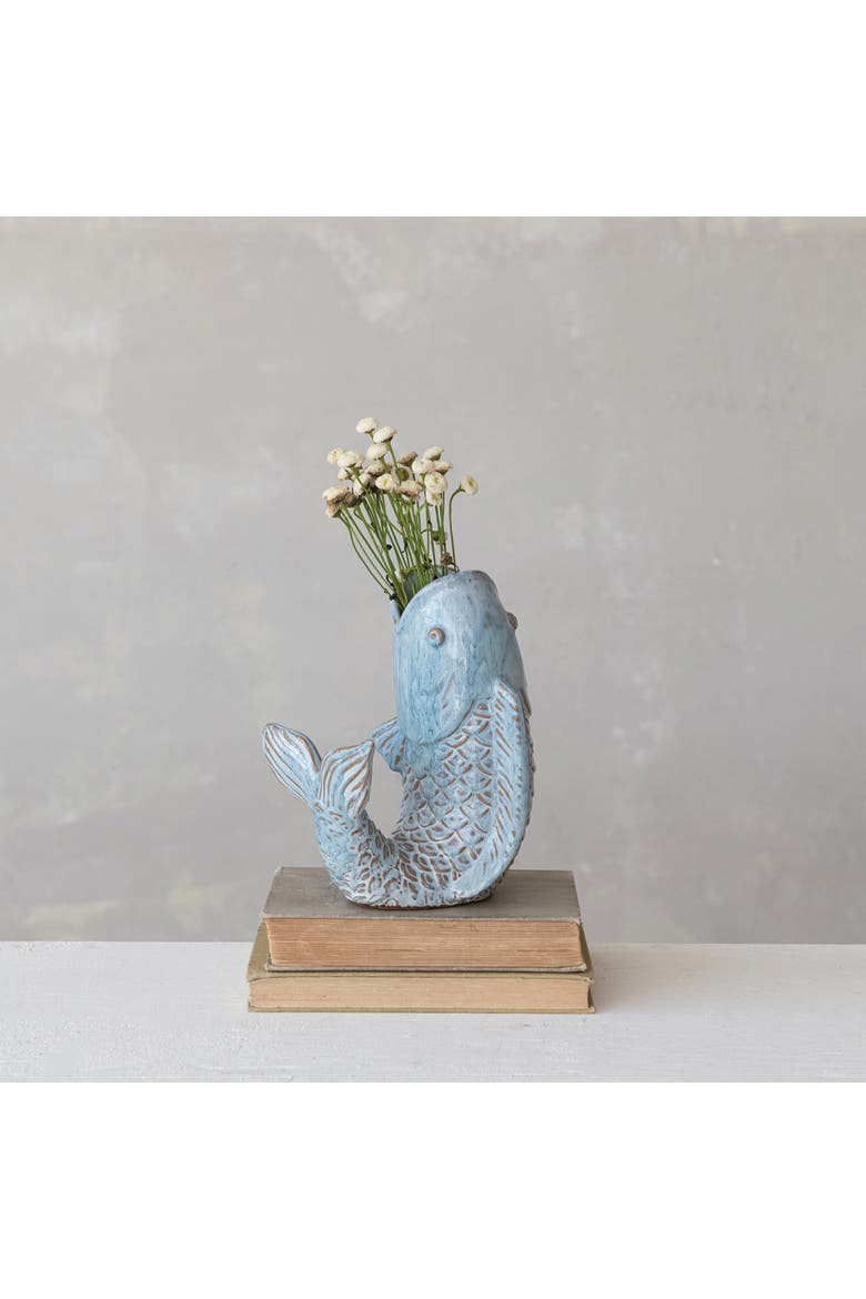 Stoneware Fish Shaped Vase with Reactive Glaze, Blue, Alternate, color, Blue