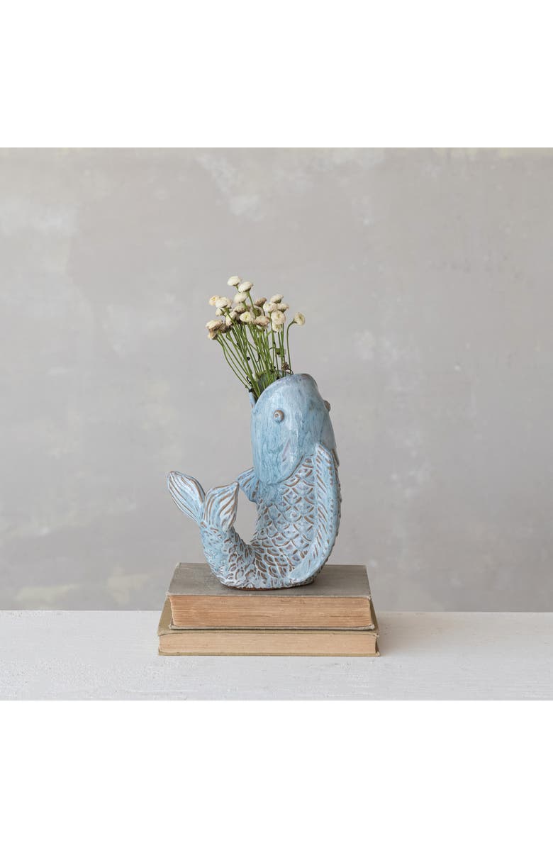 Storied Home Stoneware Fish Shaped Vase with Reactive Glaze, Blue, Alternate, color,