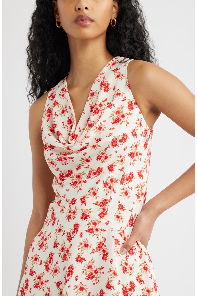 Cowl Neck Fit & Flare Minidress, Alternate, color, IVORY- PINK SOFT HIBISCUS