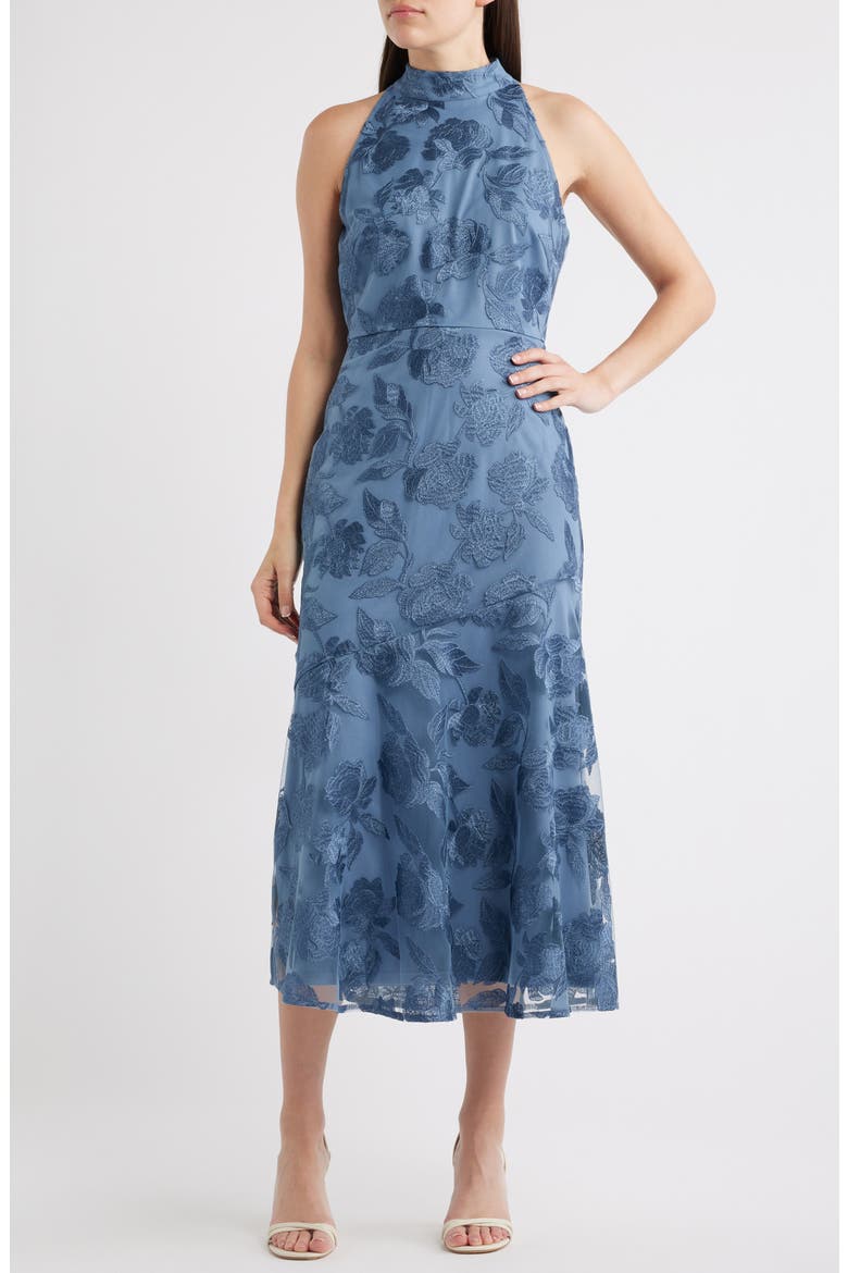 Leafy Embroidery Midi Cocktail Dress, Main, color, MINERAL BLUE