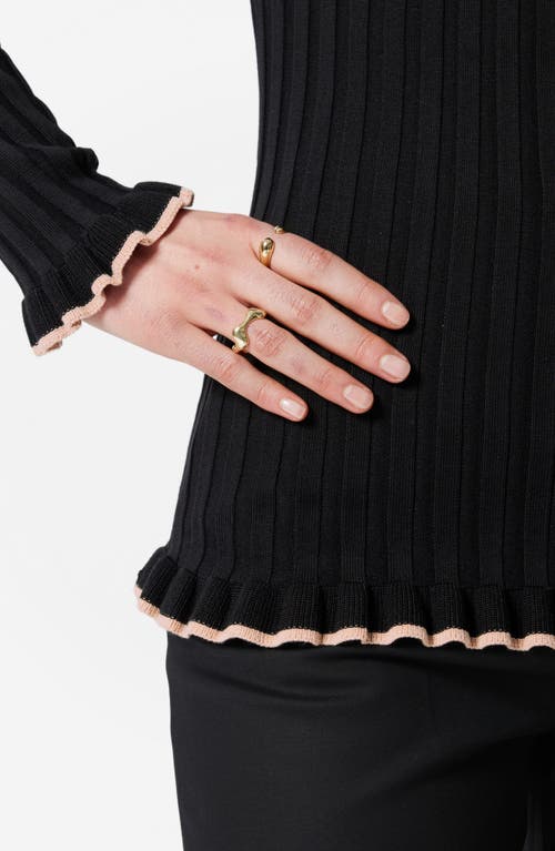 & Other Stories Tipped Ribbed Ruffle Trim Polo Sweater In Black