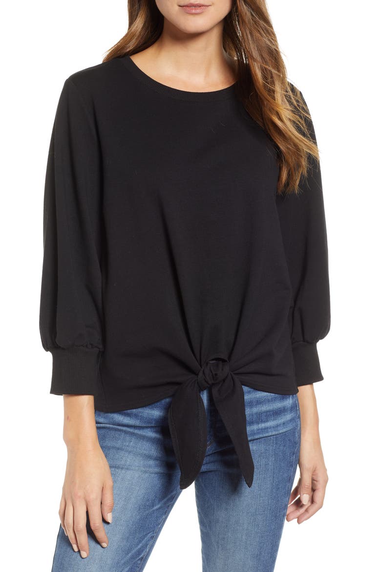 Tie Front Sweatshirt, Main, color, BLACK