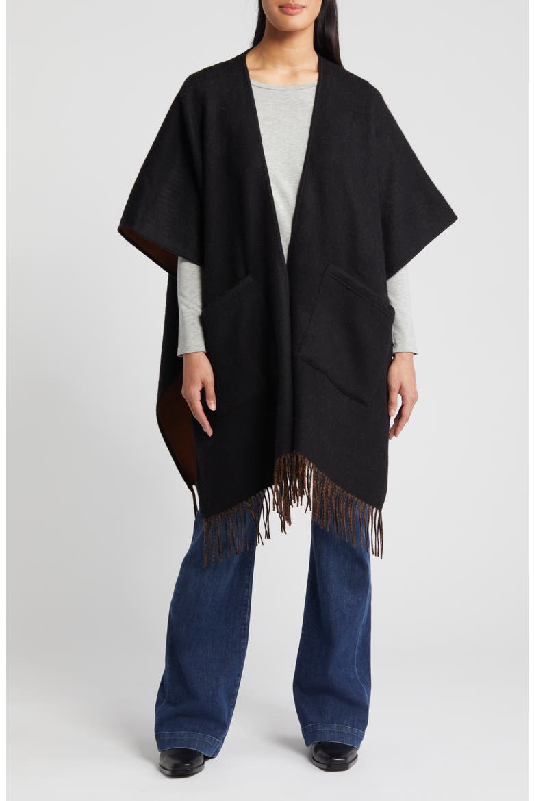 Reversible Pocket Wool & Cashmere Ruana, Main, color, BLACK- RUST COMBO