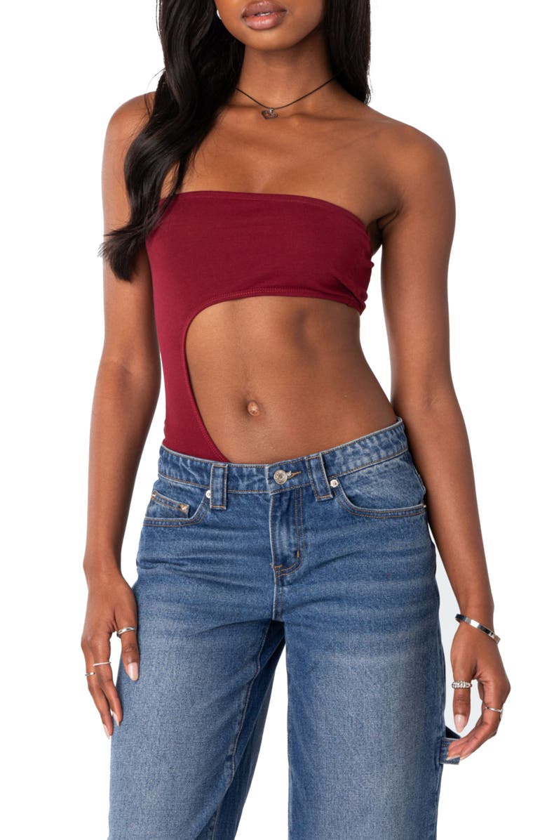 EDIKTED Indy Cutout Strapless Bodysuit, Main, color, Burgundy