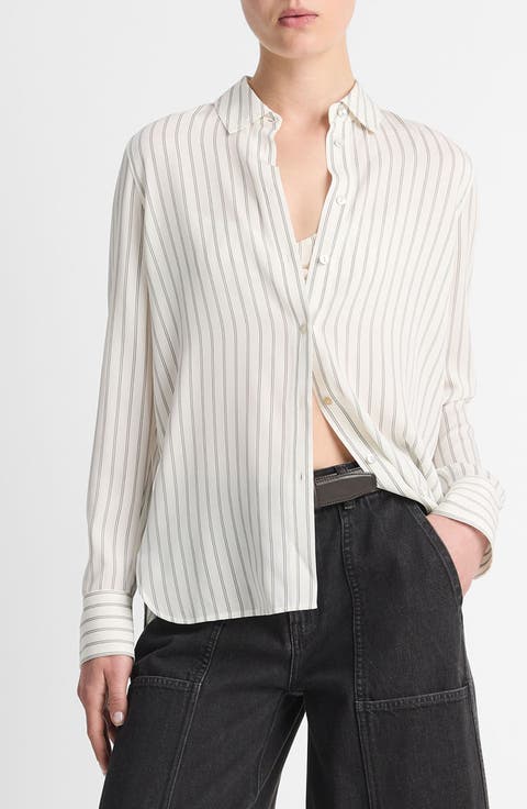 Stripe Stretch Silk Button-Up Shirt