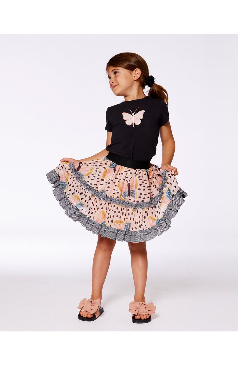 Deux par Deux Girl's Printed Ruffle Skirt Black And Pink Butterflies, Alternate, color, 