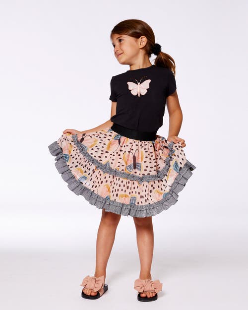 Deux Par Deux Little Girl's Printed Ruffle Skirt Black And Pink Butterflies In Black And Pink Butterflies