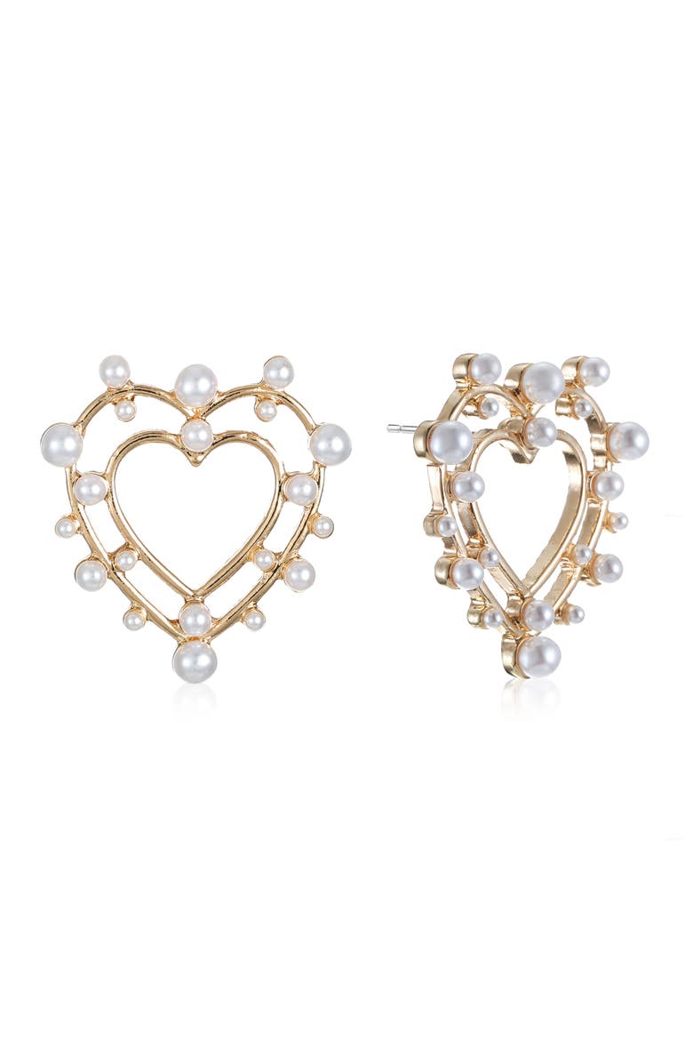 Faux Pearl Heart Drop Earrings, Main, color, GOLD