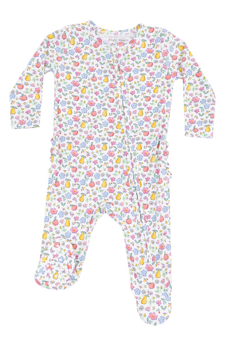 Angel Dear Fall Fruit Floral Ruffle Zip Footie, Main, color, Ivory