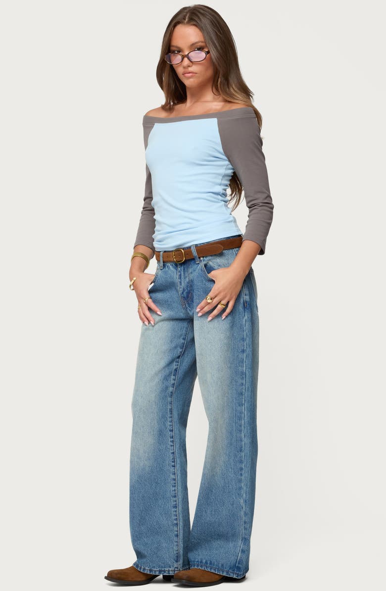 EDIKTED Keri Contrast Off the Shoulder Raglan Cotton Top, Alternate, color, Light-Blue