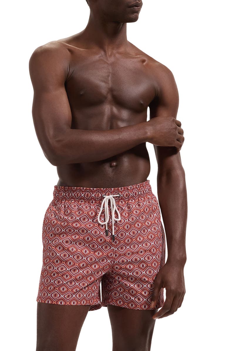 Bugatchi Cruz Print Swim Trunks, Main, color, Sienna