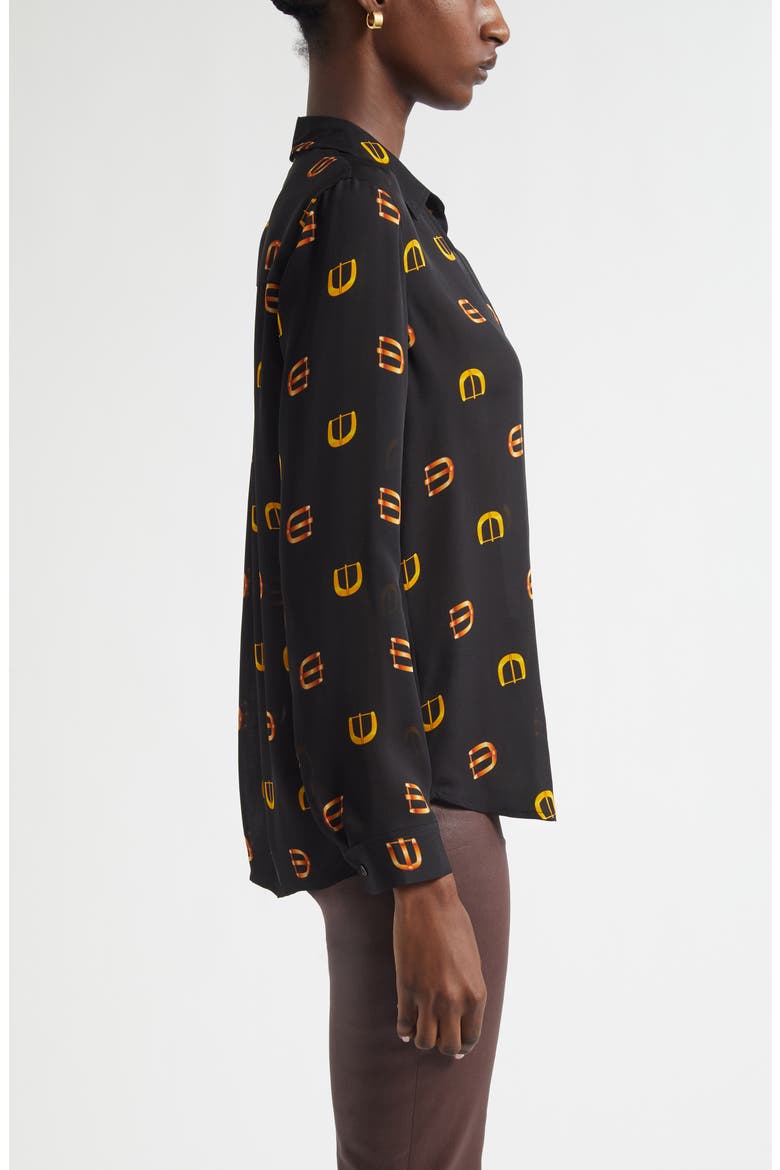 Nina Horsebit Print Silk Button-Up Shirt, Alternate, color, BLACK MULTI CONV BUCKLE