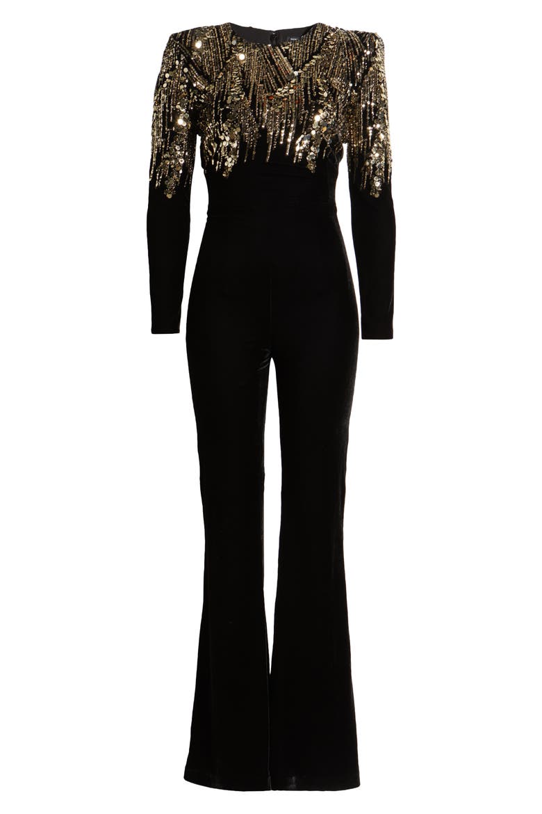 Katarina Sequin Long Sleeve Velvet Jumpsuit, Alternate, color, BLACK