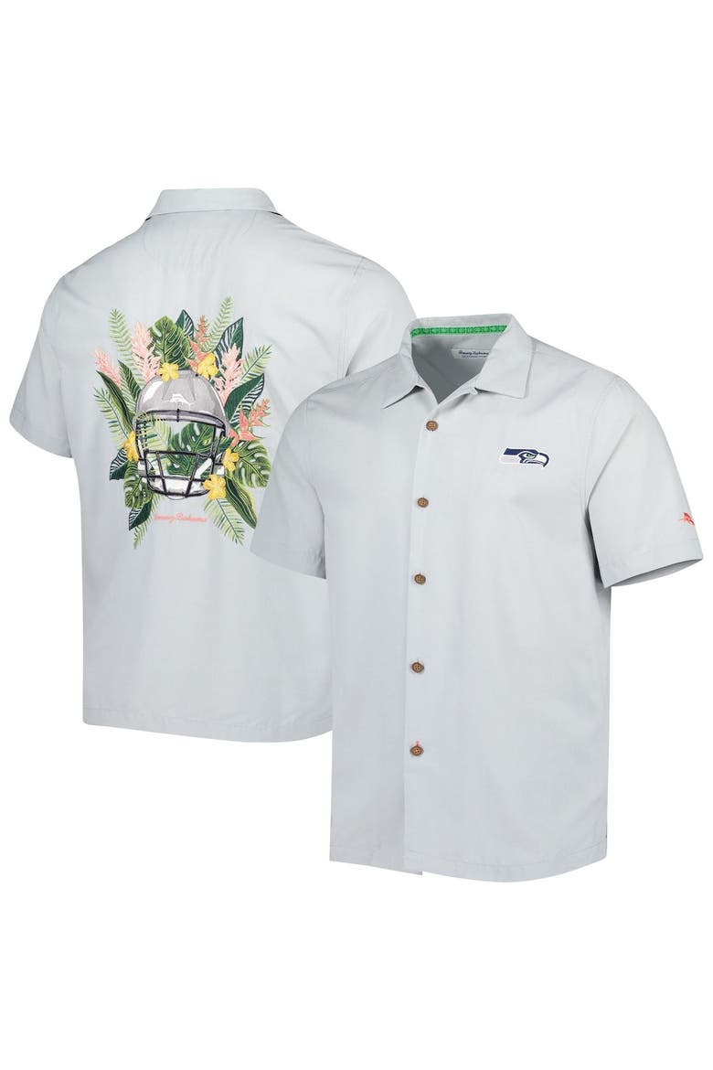 Men's Tommy Bahama Gray Seattle Seahawks Coconut Point Frondly Fan Camp IslandZone Button-Up Shirt, Main, color, Gray