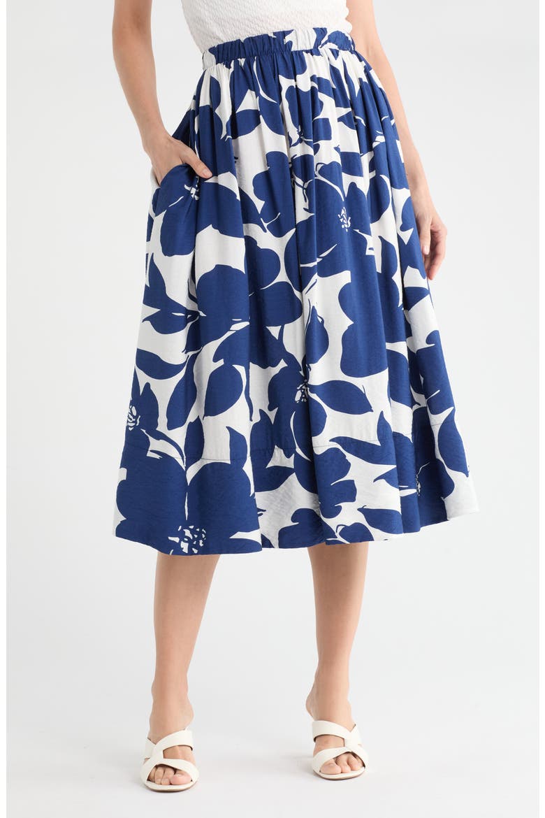 Floral Print Midi Skirt, Main, color, NAVY