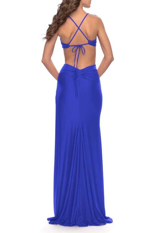 La Femme Jersey Prom Dress With Side Cut Outs And Tie Back