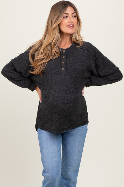 Pinkblush Oversized Ribbed Knit Henley Sweater In Gray