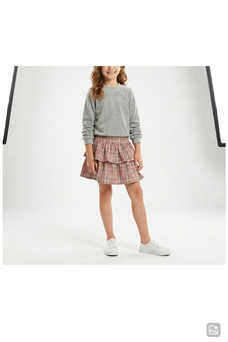 Kids' French Terry Top and Plaid Skirt Set, Alternate, color, GRAY/ PINK