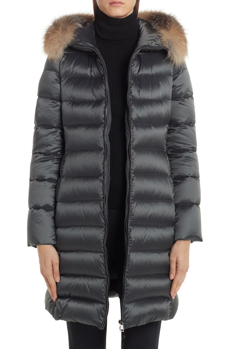 Tinuv Belted Satin Down Coat with Detachable Genuine Fox Fur Hood Trim, Main, color, GREY