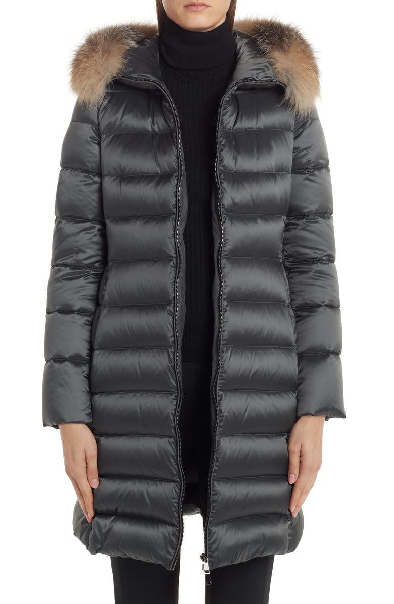 Moncler Tinuv Belted Satin Down Coat with Detachable Genuine Fox Fur Hood Trim, Main, color, 
