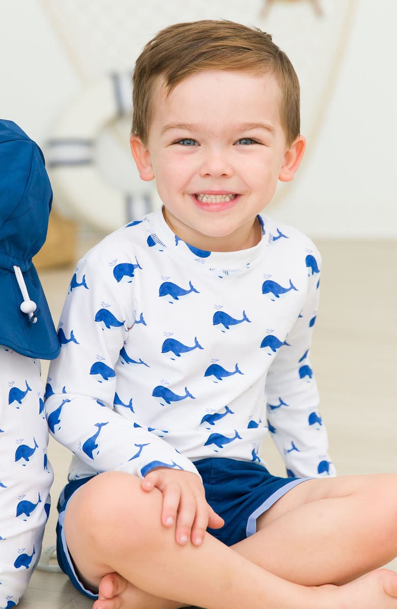 RuggedButts Whale Print Long Sleeve Rashguard & Swim Trunks Set, Alternate, color, 