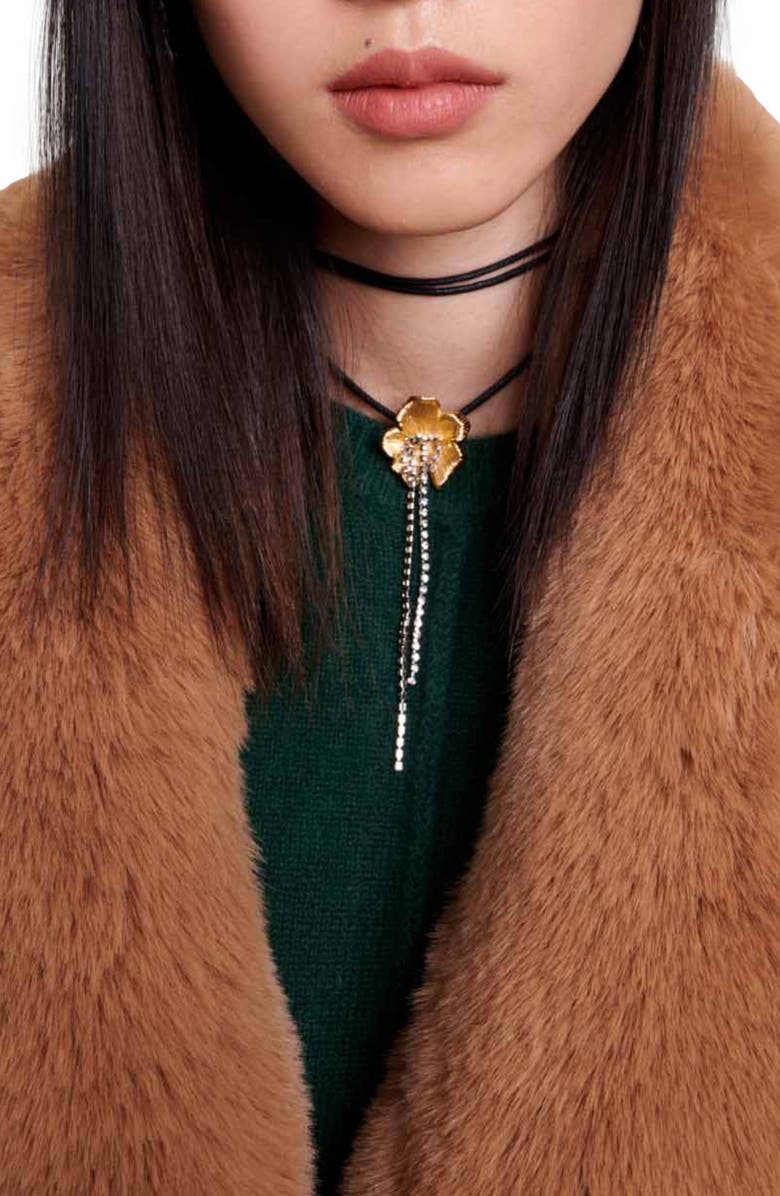 maje Wool Blend Belted Coat with Faux Fur Trim, Alternate, color, 