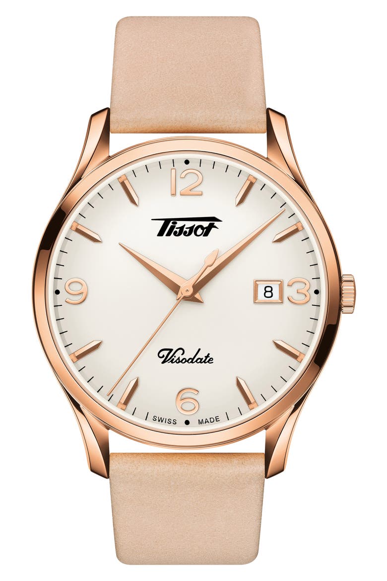 Heritage Visodate Leather Strap Watch, 40mm, Main, color, PINK/ WHITE/ ROSE GOLD