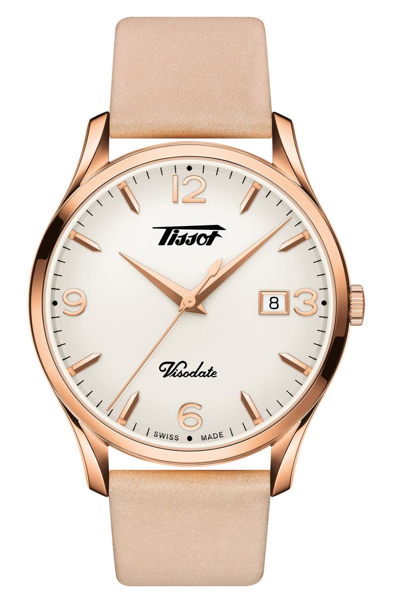 Tissot Heritage Visodate Leather Strap Watch, 40mm, Main, color, Pink/ White/ Rose Gold
