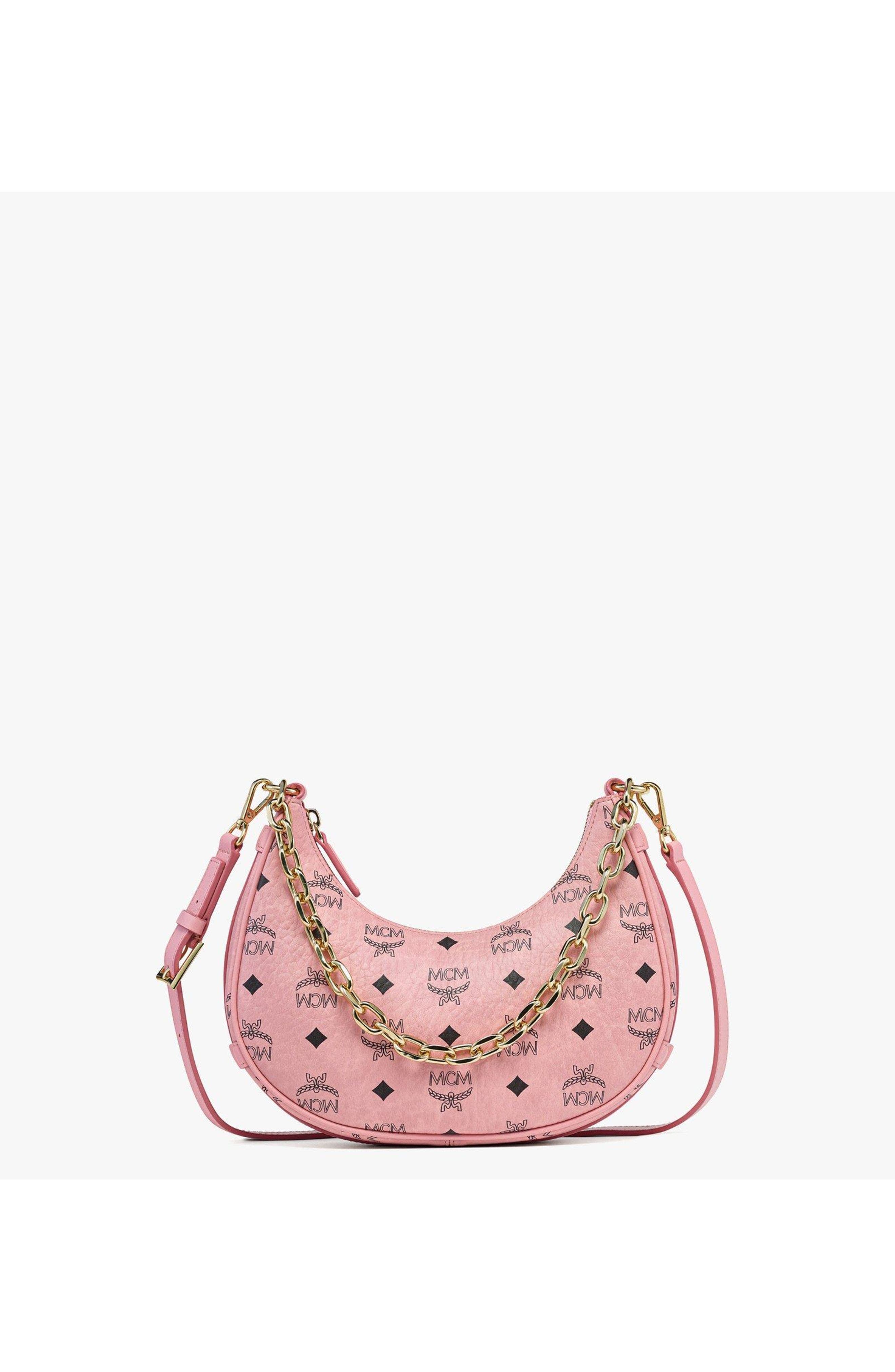 MCM Aren Crescent Hobo Bag in Visetos, Alternate, color, Pink