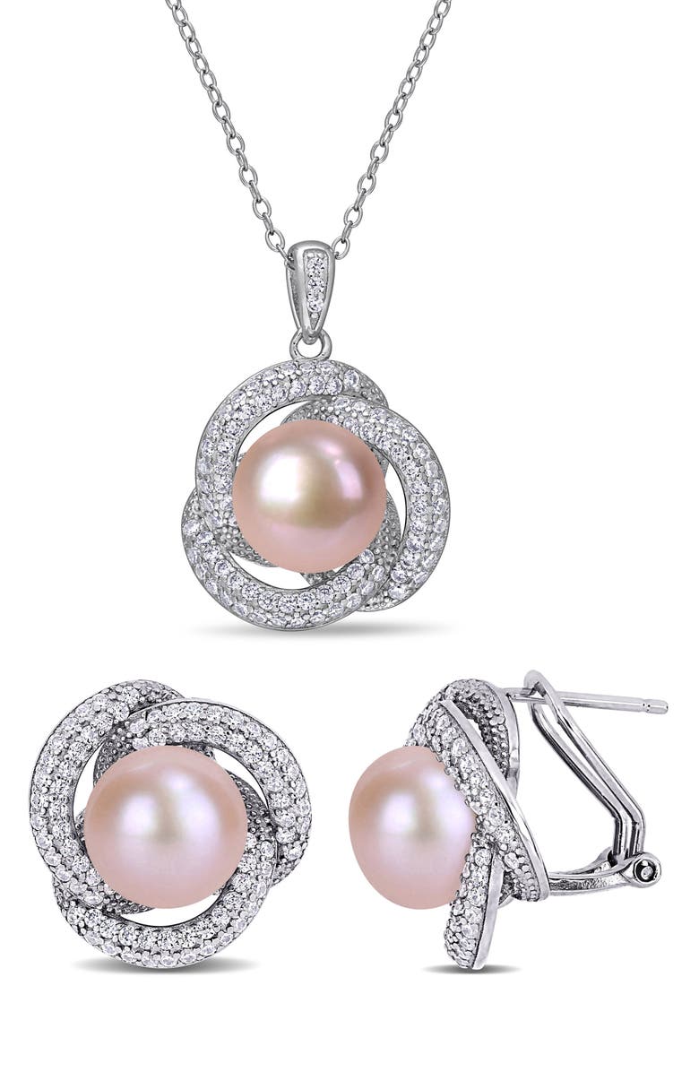 DELMAR Sterling Silver 9.5-10.5mm Cultured Freshwater Pearl & CZ Stud Earrings & Necklace Set, Main, color, 
