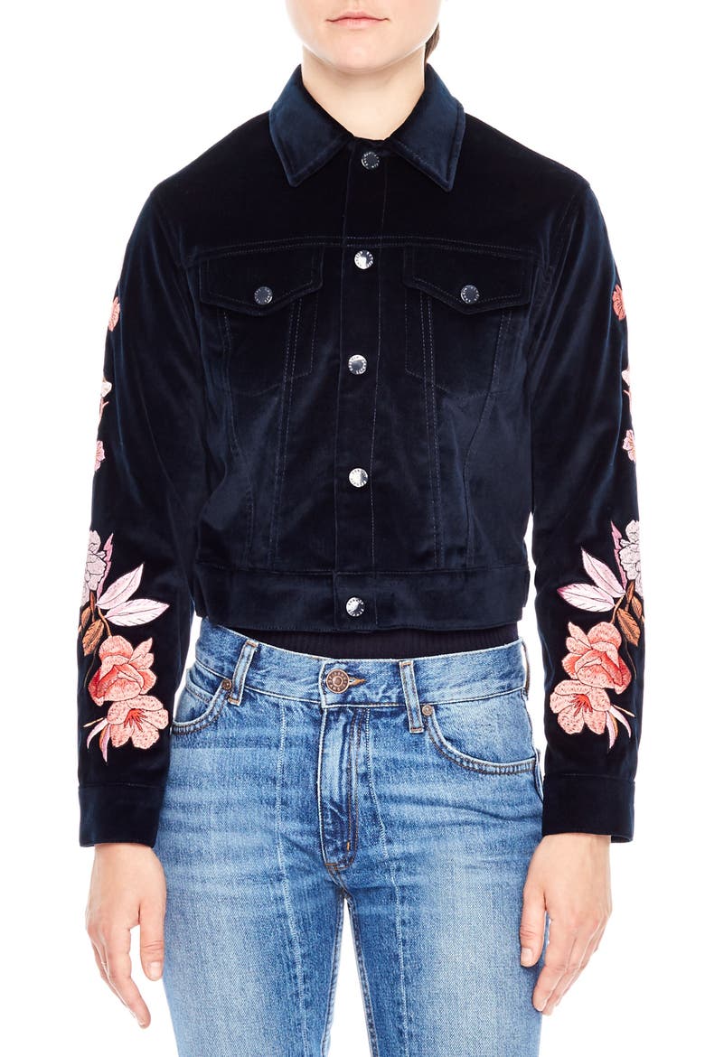 Embroidered Crop Velvet Jacket, Main, color, NAVY