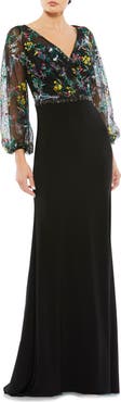 Mac Duggal Embroidered Illusion Puff Sleeve Column Gown
