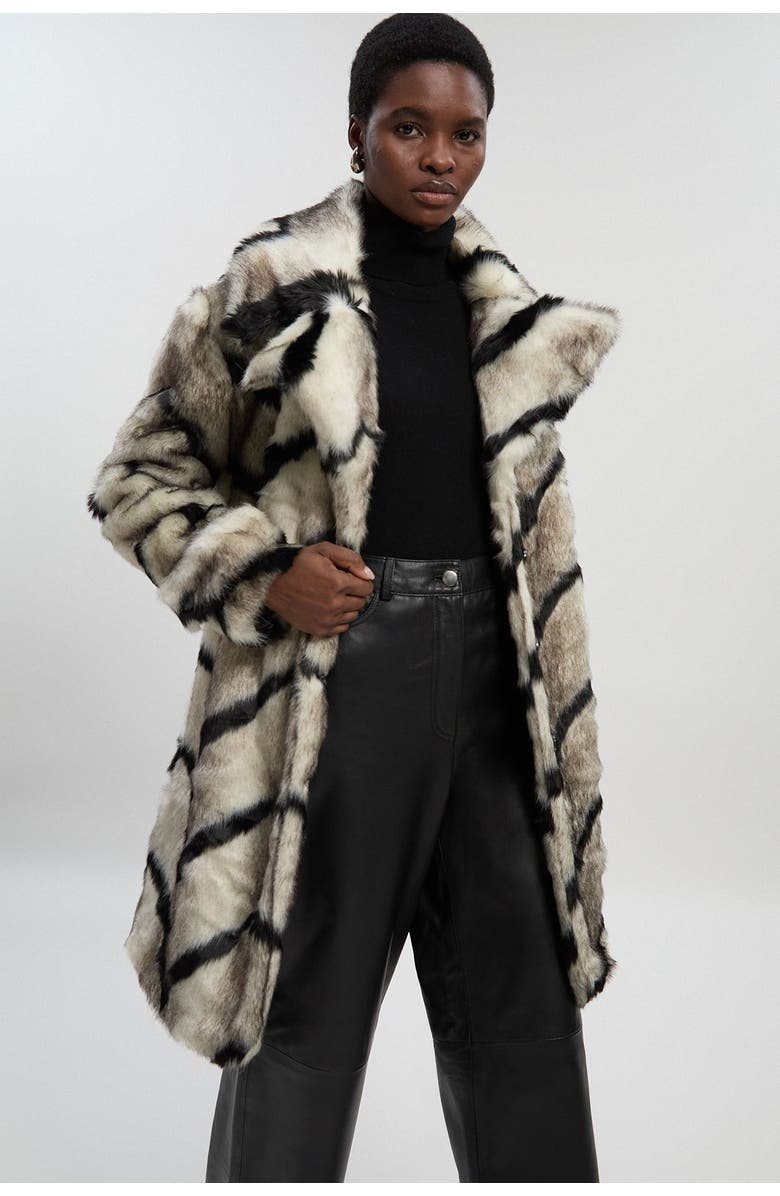 Karen Millen Mono Faux Fur Belted Longline Coat, Alternate, color, Mono