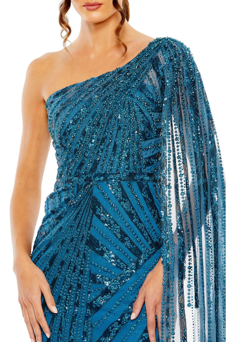 Women's Sequin One-Shoulder Evening Gown with Sheer Cape Sleeve, Alternate, color, OCEAN BLUE