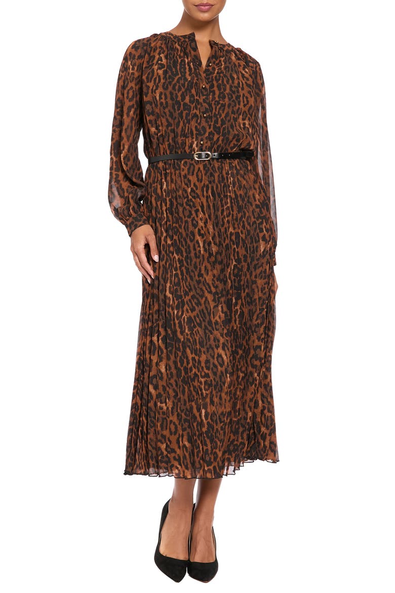 Button Up Pleated Long Sleeve Midi Dress, Main, color, GOLD/ BROWN