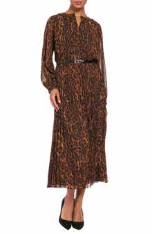 Button Up Pleated Long Sleeve Midi Dress