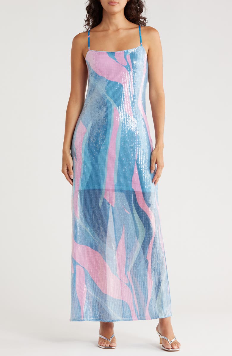 Hutch Lya Sequin Maxi Dress, Main, color, Blue/ Pink Psychedelic Swirl