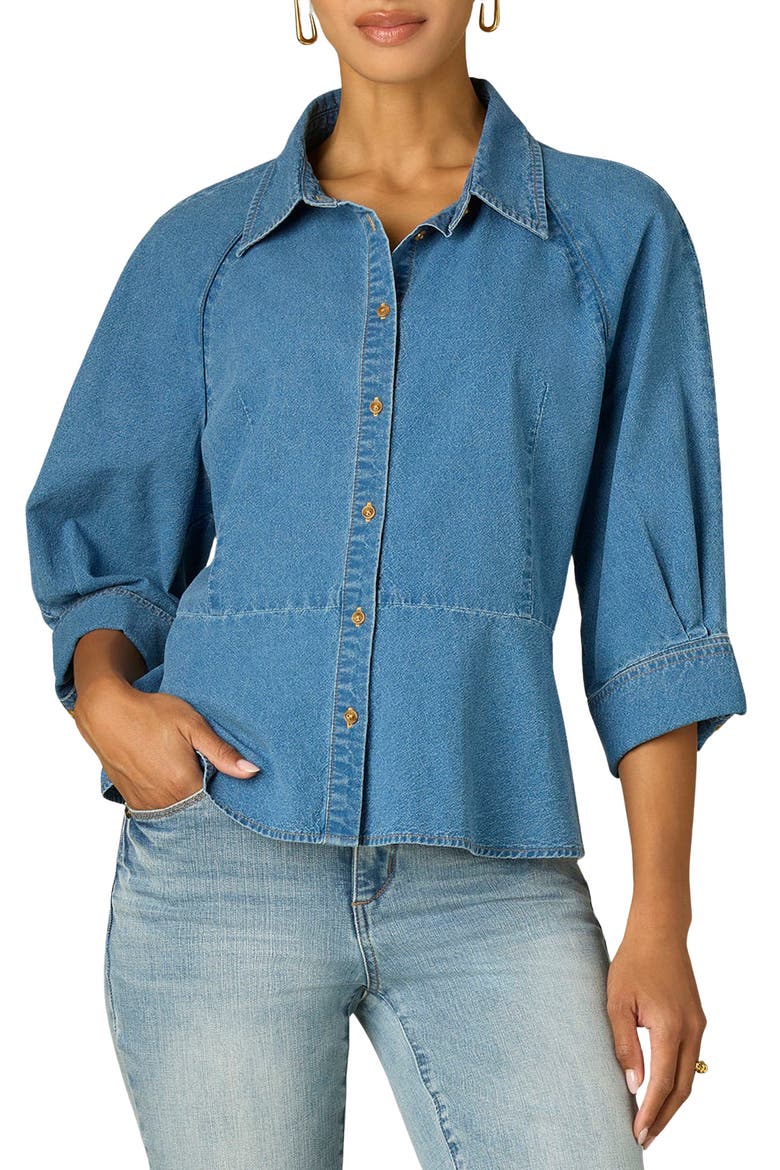 Peplum Denim Shirt, Main, color, MID BLUE