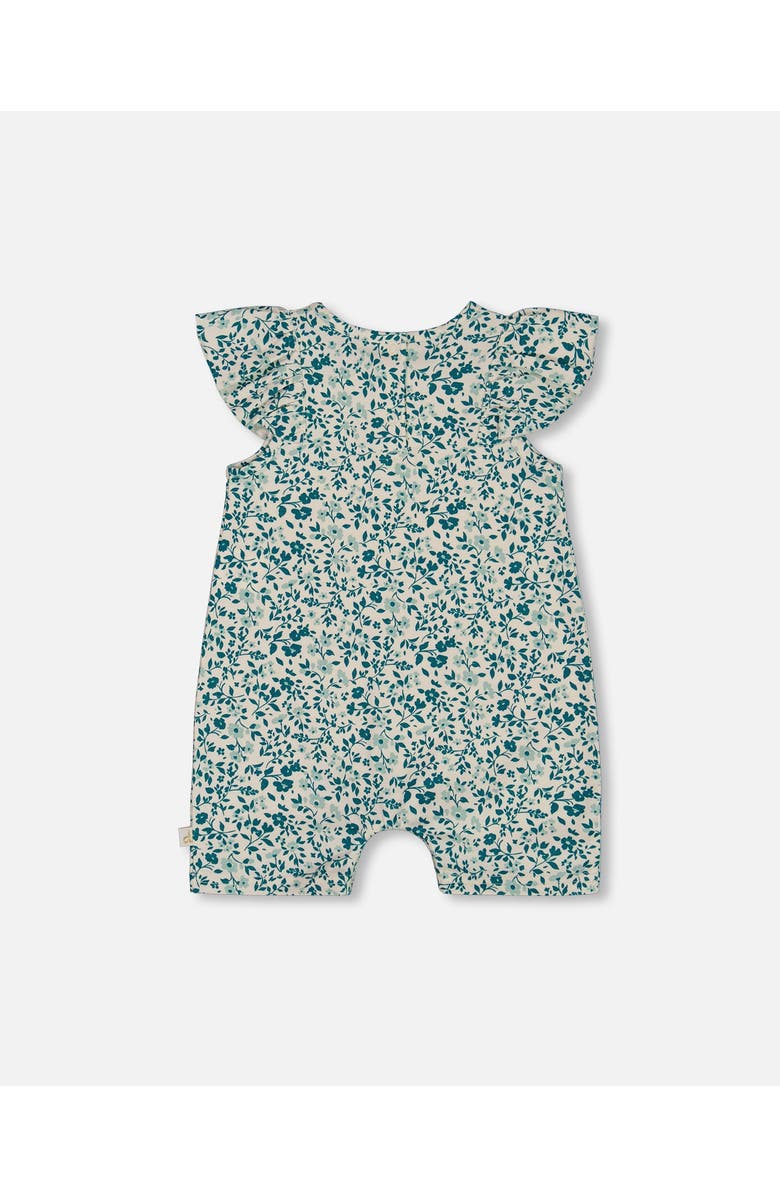 Deux par Deux Baby Girl's Printed Organic Cotton Romper With Frills Small Turquoise Flowers, Alternate, color,