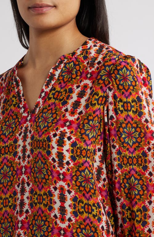 Apny Batik Print Split Neck Top In Red Multi