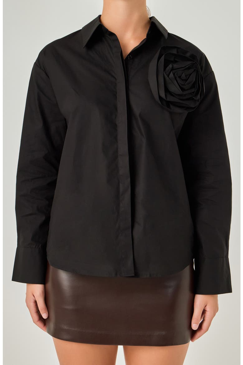 Flower Brooch Cotton Shirt, Main, color, BLACK