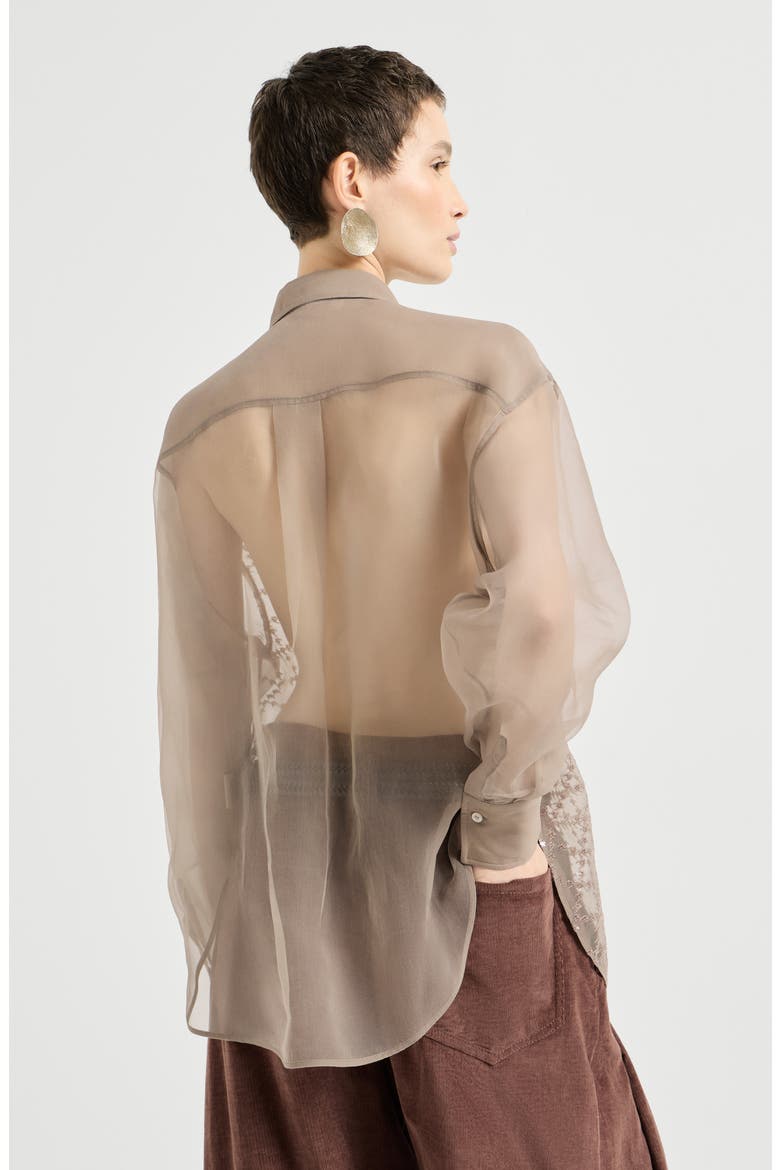 Crispy silk shirt with dazzling windowpane embroidery, Alternate, color, Light Brown