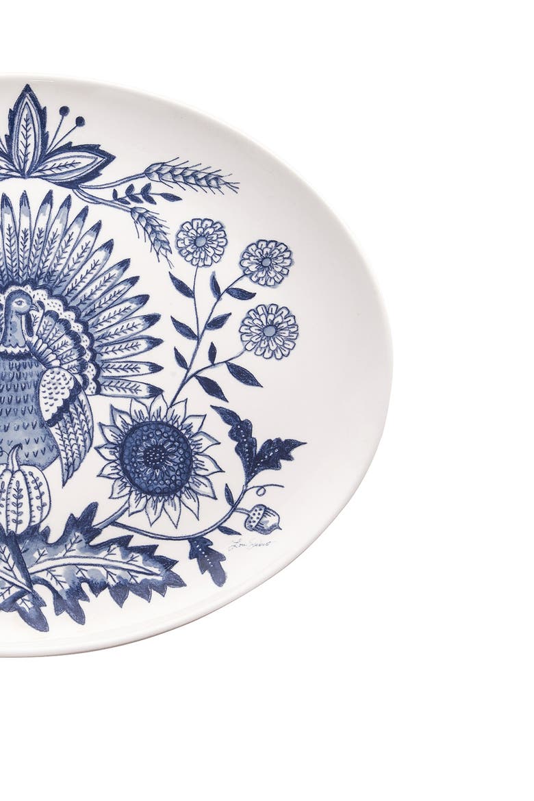 White & Blue Thanksgiving Turkey Oval Stoneware Serving Platter 10.6" x 13.4", Alternate, color, Blue