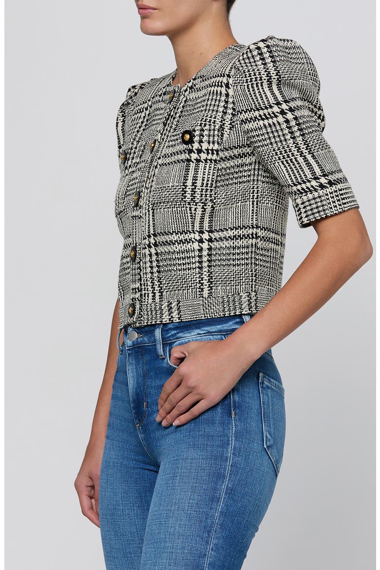 Allegra Glen Plaid Short Sleeve Cropped Jacket, Alternate, color, BLACK/ WHITE GLEN PLAID