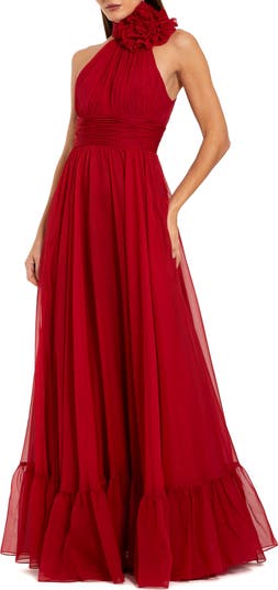 Sleeveless Mock Neck Chiffon Gown With 3D Flower