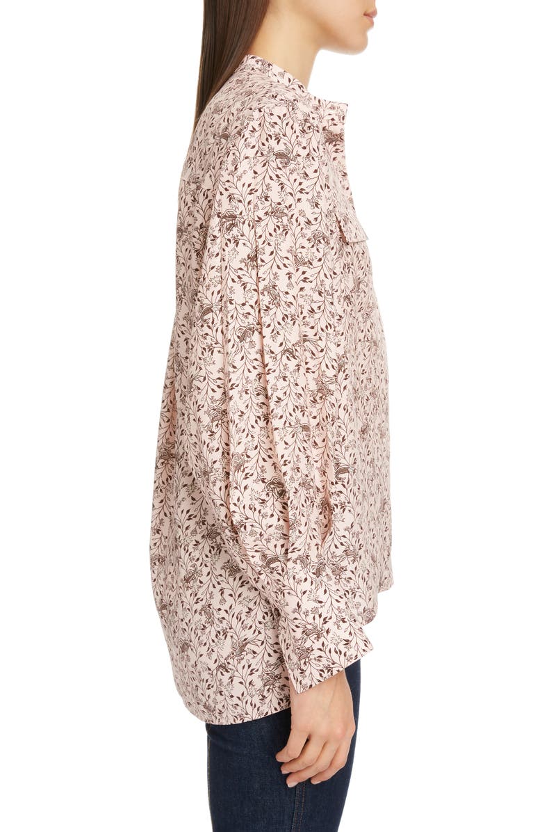 Chloé Bird Print Balloon Sleeve Silk Crepe Blouse, Alternate, color,